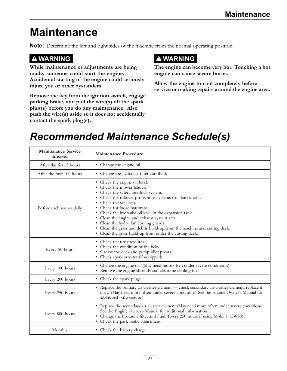 Maintenance, Recommended maintenance schedule(s), Warning | Exmark Pioneer S-Series Lawn Mower PNS22KA483 User Manual | Page 27 / 52