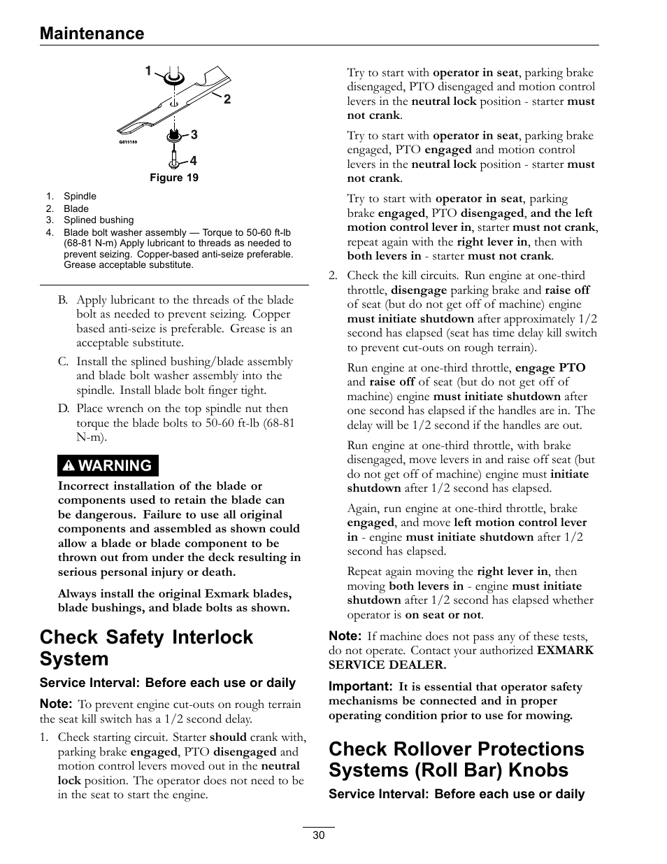 Bar) knobs, Check safety interlock system, Maintenance | Warning | Exmark Pioneer S-Series Lawn Mower PNS22KA483 User Manual | Page 30 / 52