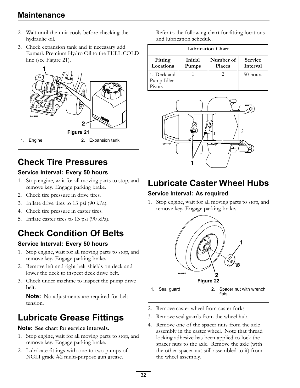 Check tire pressures, Check condition of belts, Lubricate grease fittings | Lubricate caster wheel hubs, Maintenance | Exmark Pioneer S-Series Lawn Mower PNS22KA483 User Manual | Page 32 / 52