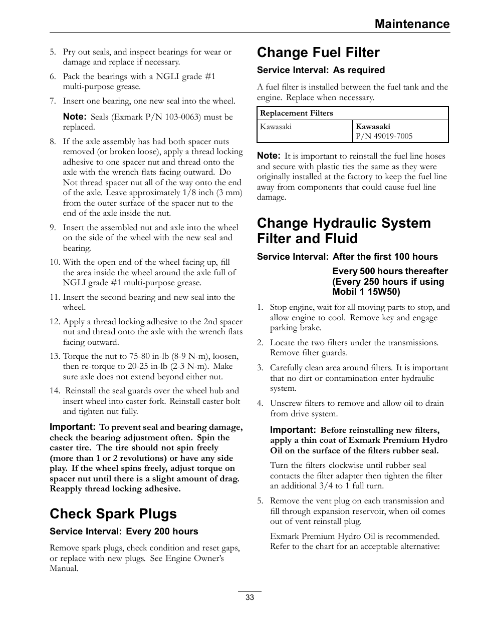 Fluid, Check spark plugs, Change fuel filter | Change hydraulic system filter and fluid, Maintenance | Exmark Pioneer S-Series Lawn Mower PNS22KA483 User Manual | Page 33 / 52