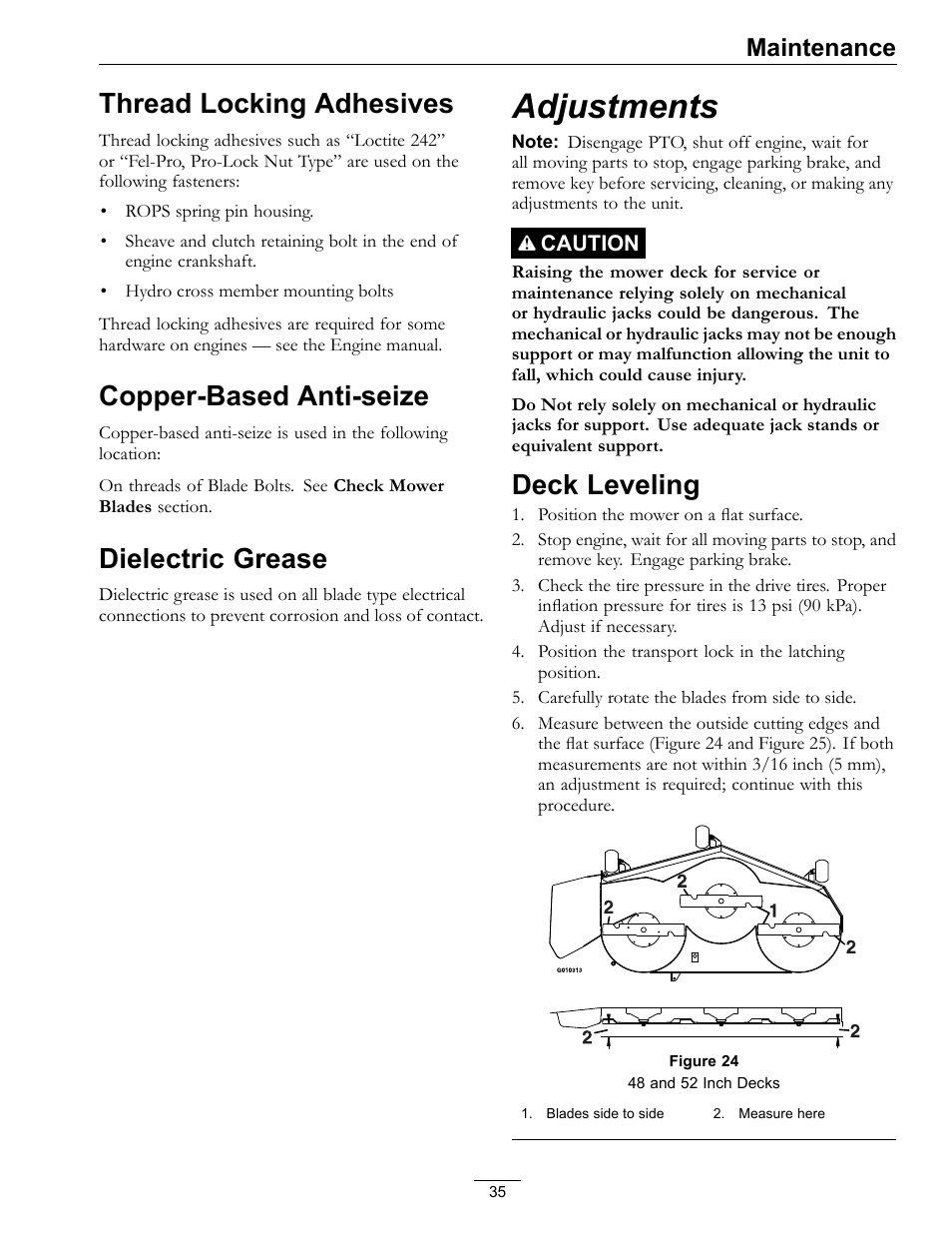 Adjustments, Deck leveling, Thread locking adhesives | Copper-based anti-seize, Dielectric grease, Maintenance | Exmark Pioneer S-Series Lawn Mower PNS22KA483 User Manual | Page 35 / 52