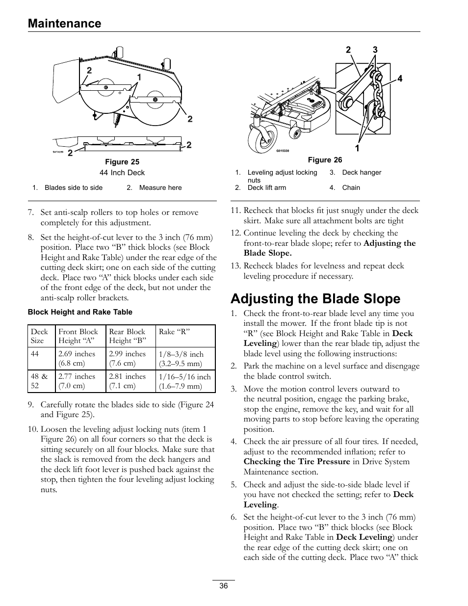 Adjusting the blade slope, Maintenance | Exmark Pioneer S-Series Lawn Mower PNS22KA483 User Manual | Page 36 / 52