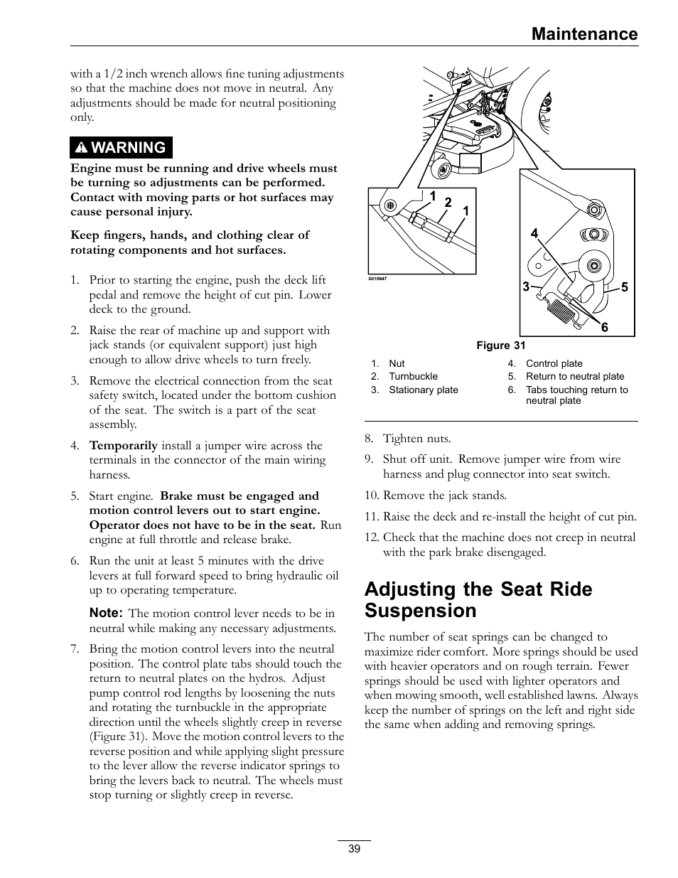 Adjusting the seat ride suspension, Maintenance, Warning | Exmark Pioneer S-Series Lawn Mower PNS22KA483 User Manual | Page 39 / 52