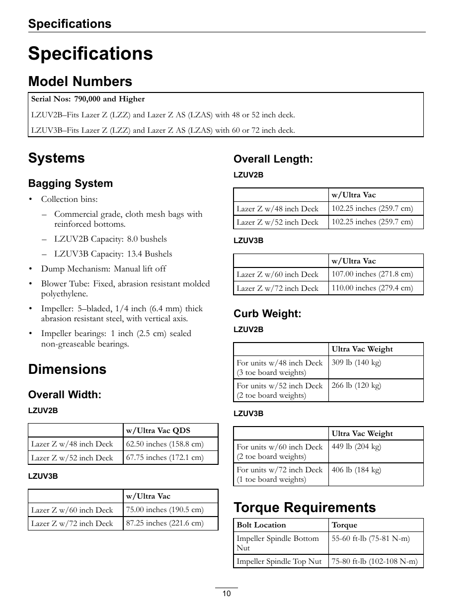 Specifications, Model numbers, Systems | Dimensions, Torque requirements | Exmark Ultra VAC LAZER Z User Manual | Page 10 / 28