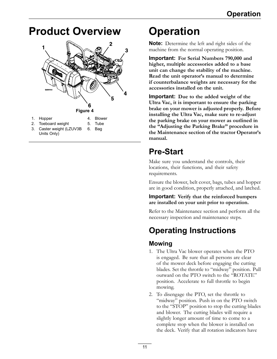 Product overview operation, Pre-start operating instructions, Product overview | Pre-start, Operating instructions, Operation | Exmark Ultra VAC LAZER Z User Manual | Page 11 / 28