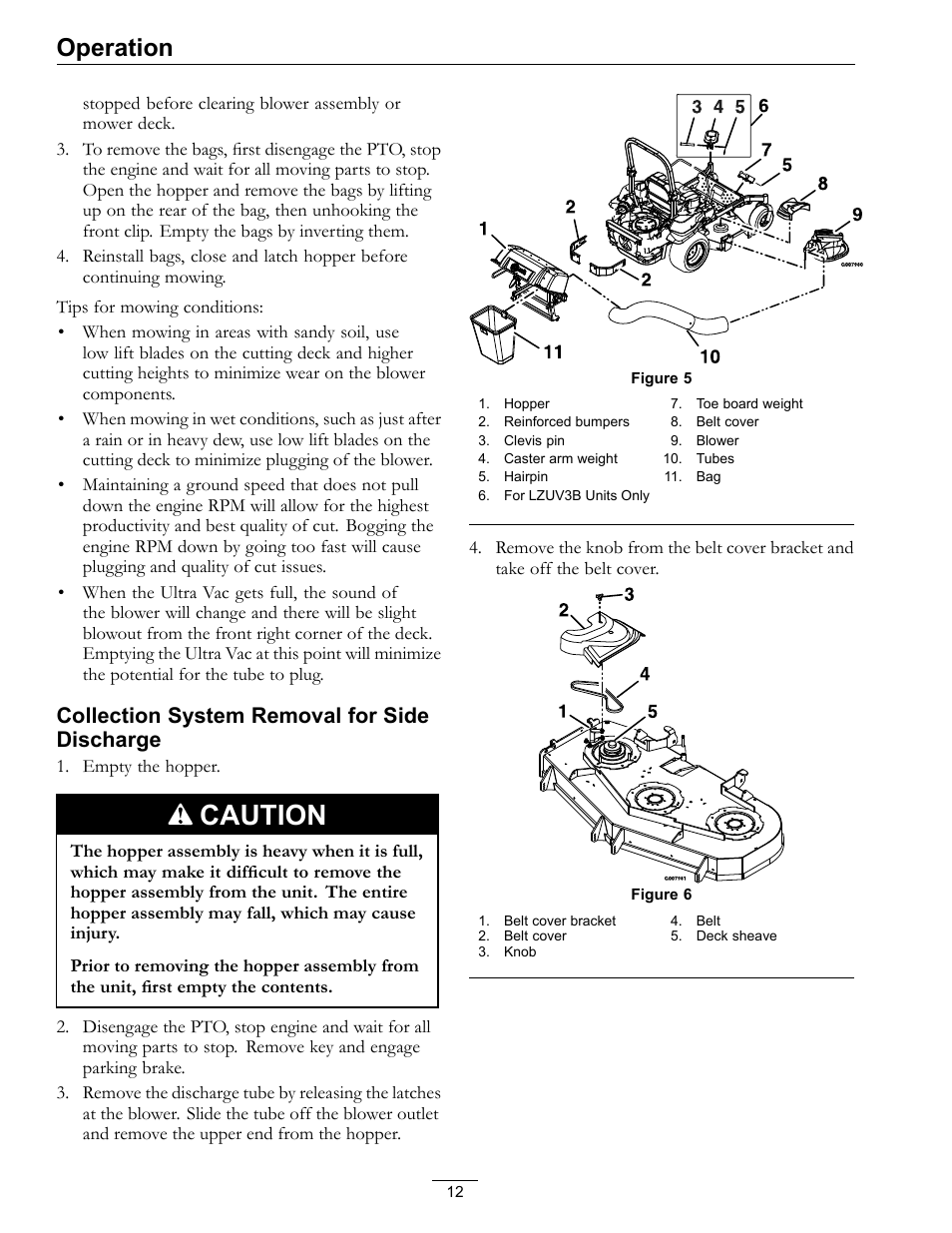 Caution, Operation, Collection system removal for side discharge | Exmark Ultra VAC LAZER Z User Manual | Page 12 / 28