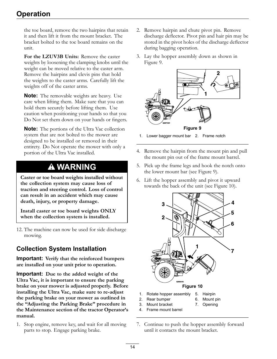 Warning, Operation, Collection system installation | Exmark Ultra VAC LAZER Z User Manual | Page 14 / 28