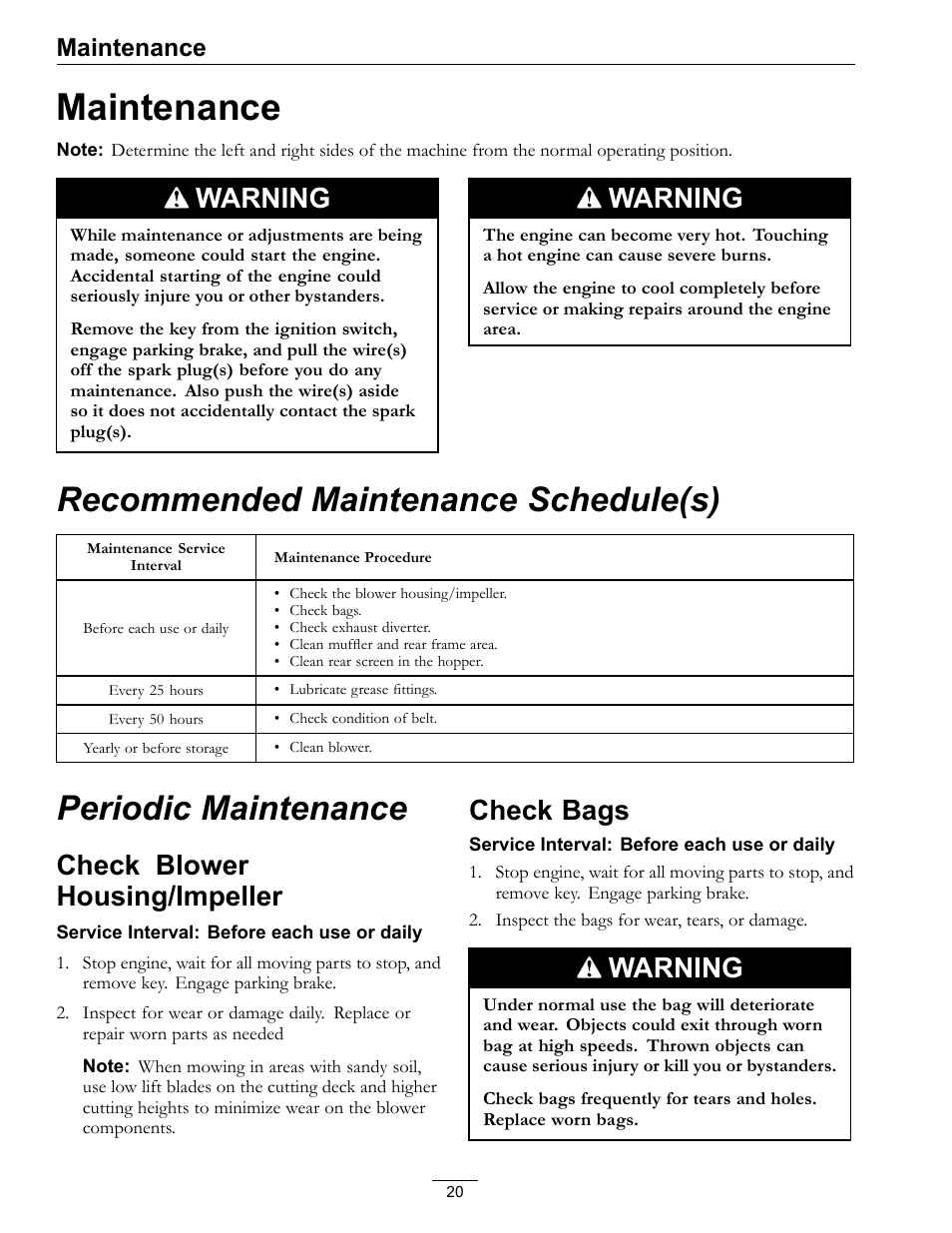 Maintenance, Check blower housing/impeller check bags, Recommended maintenance schedule(s) | Periodic maintenance, Warning, Check blower housing/impeller, Check bags | Exmark Ultra VAC LAZER Z User Manual | Page 20 / 28