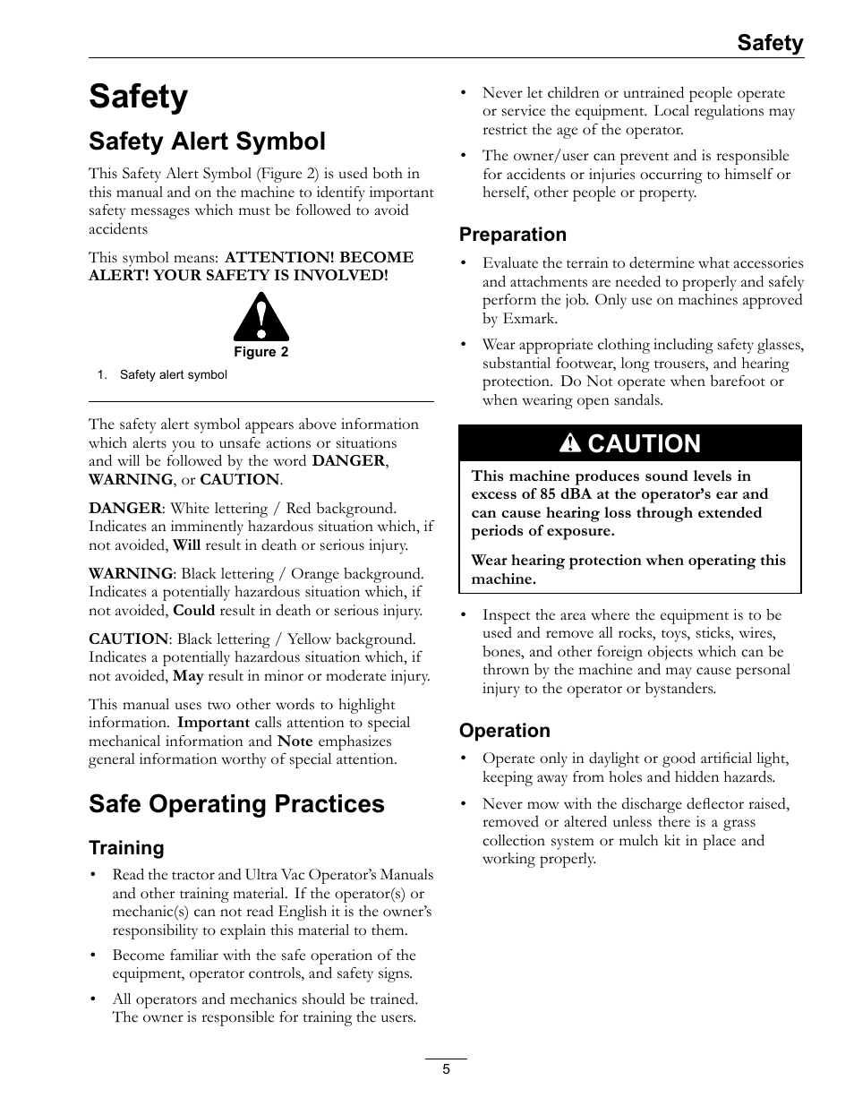 Safety, Safety alert symbol safe operating practices, Safety alert symbol | Safe operating practices, Caution | Exmark Ultra VAC LAZER Z User Manual | Page 5 / 28