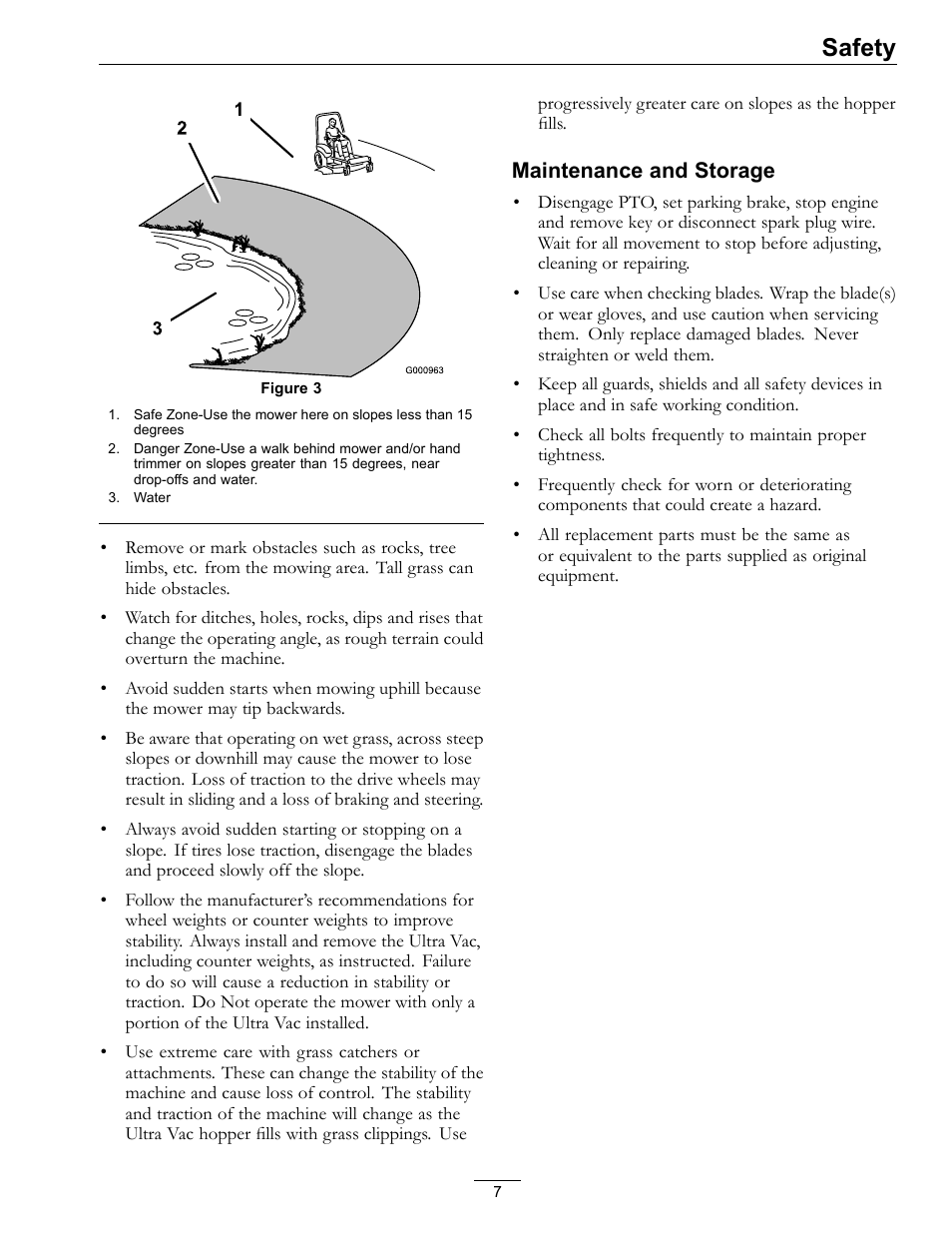 Safety, Maintenance and storage | Exmark Ultra VAC LAZER Z User Manual | Page 7 / 28