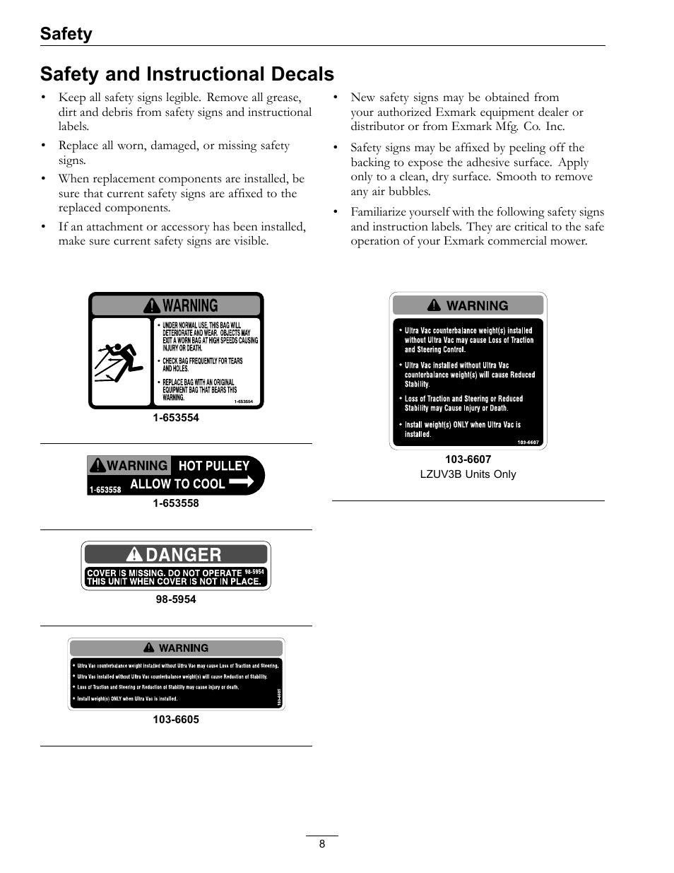 Safety and instructional decals, Safety | Exmark Ultra VAC LAZER Z User Manual | Page 8 / 28