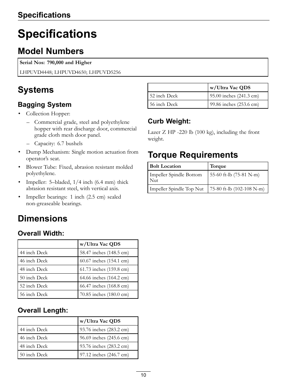 Specifications, Model numbers, Systems | Dimensions, Torque requirements | Exmark Ultra Vac QDS User Manual | Page 10 / 24