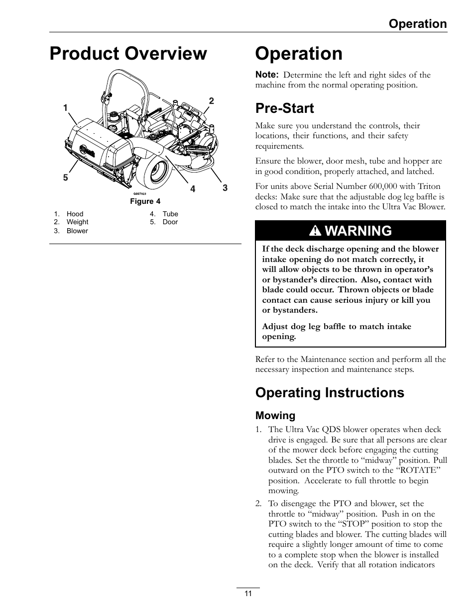 Product overview operation, Pre-start operating instructions, Product overview | Pre-start, Warning, Operating instructions, Operation | Exmark Ultra Vac QDS User Manual | Page 11 / 24