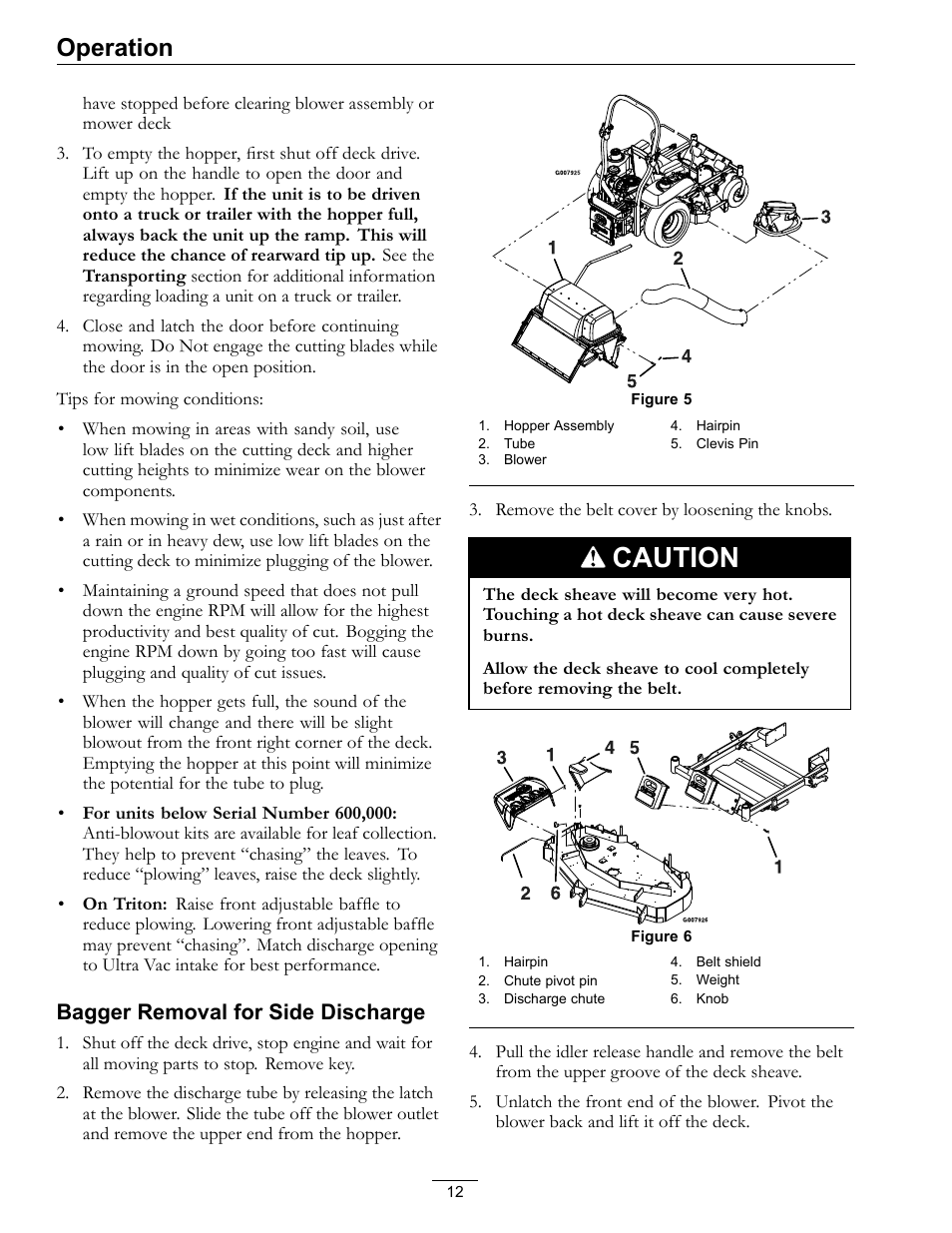 Caution, Operation, Bagger removal for side discharge | Exmark Ultra Vac QDS User Manual | Page 12 / 24