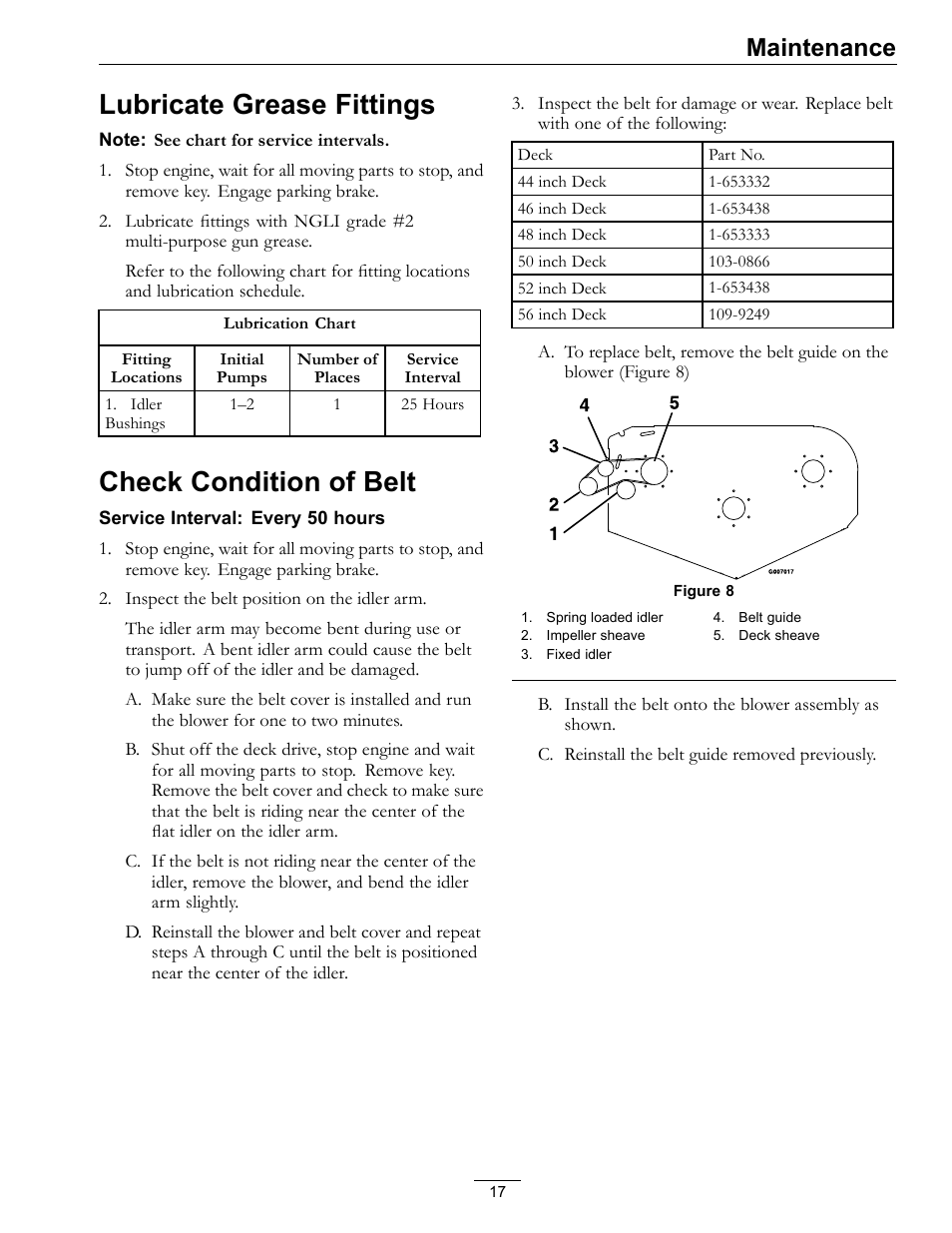 Lubricate grease fittings check condition of belt, Lubricate grease fittings, Check condition of belt | Maintenance | Exmark Ultra Vac QDS User Manual | Page 17 / 24