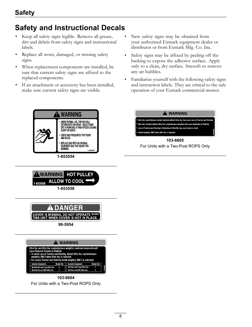 Safety and instructional decals, Safety | Exmark Ultra Vac QDS User Manual | Page 8 / 24