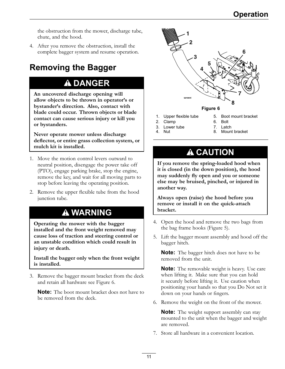 Removing the bagger, Removing the bagger danger, Warning | Caution, Operation | Exmark Quest Bagger 850 User Manual | Page 11 / 24