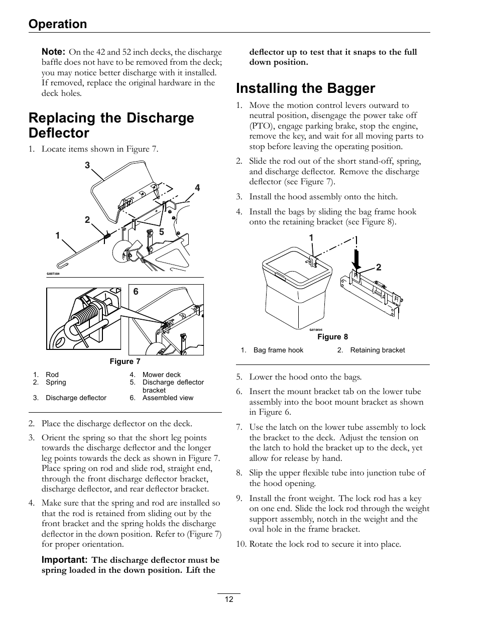 Replacing the discharge deflector, Installing the bagger, Operation | Exmark Quest Bagger 850 User Manual | Page 12 / 24