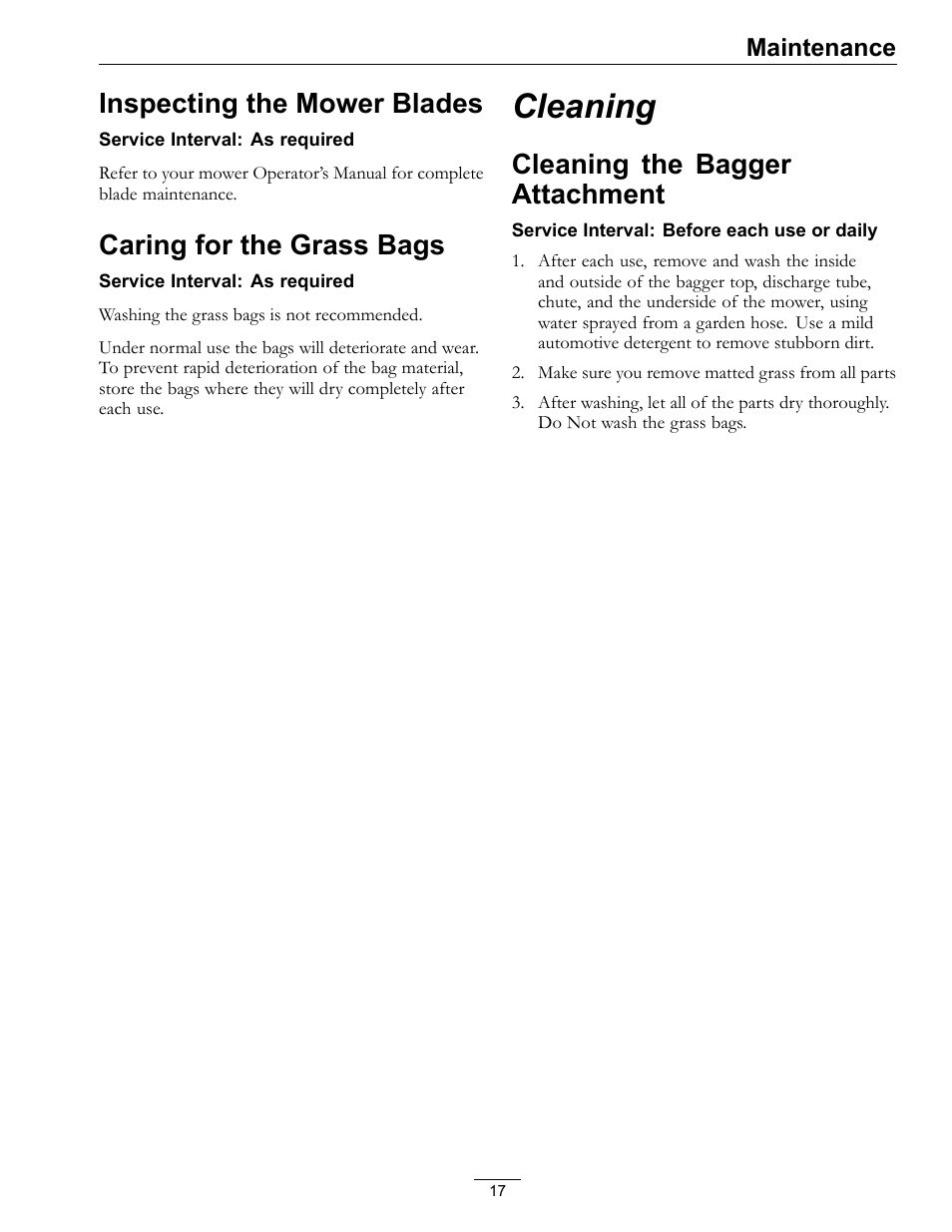 Cleaning, Cleaning the bagger attachment, Inspecting the mower blades | Caring for the grass bags | Exmark Quest Bagger 850 User Manual | Page 17 / 24