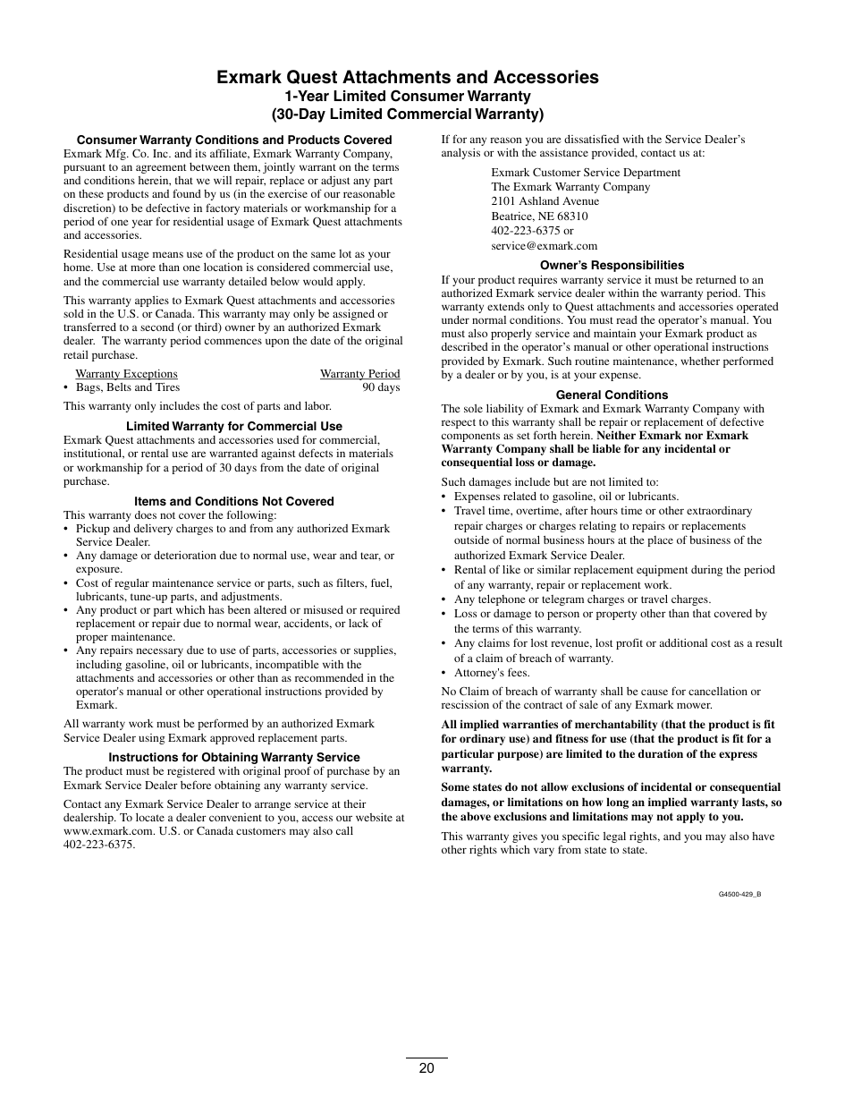 Exmark quest attachments and accessories | Exmark Quest Bagger 850 User Manual | Page 20 / 24
