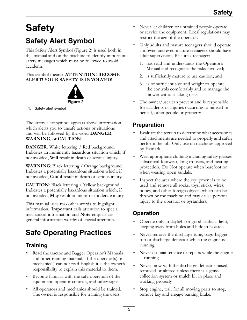 Safety, Safety alert symbol safe operating practices, Safety alert symbol | Safe operating practices | Exmark Quest Bagger 850 User Manual | Page 5 / 24
