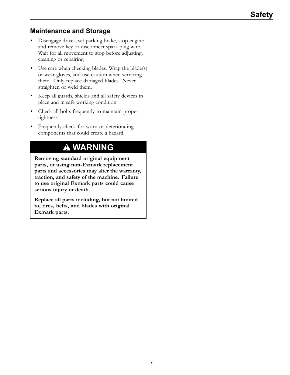 Warning, Safety | Exmark Quest Bagger 850 User Manual | Page 7 / 24
