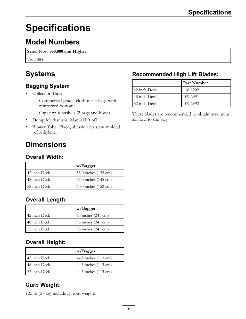 Specifications, Model numbers systems dimensions, Model numbers | Systems, Dimensions | Exmark Quest Bagger 850 User Manual | Page 9 / 24