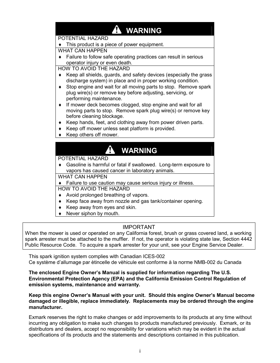 Warning | Exmark Lazer ZCT User Manual | Page 2 / 48