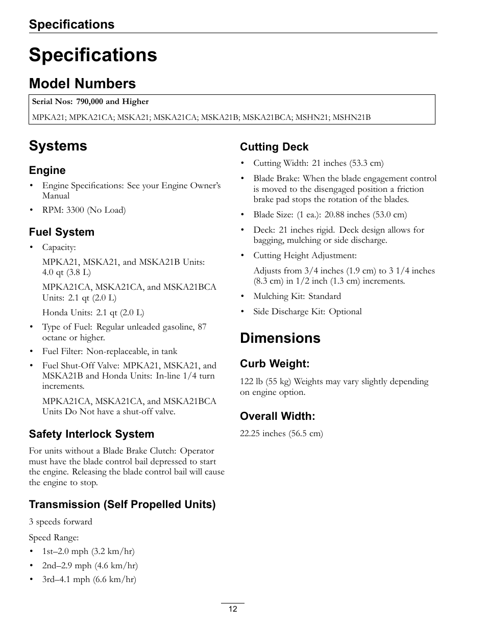 Specifications, Model numbers systems dimensions, Model numbers | Systems, Dimensions | Exmark METRO 21 MPKA21 User Manual | Page 12 / 40