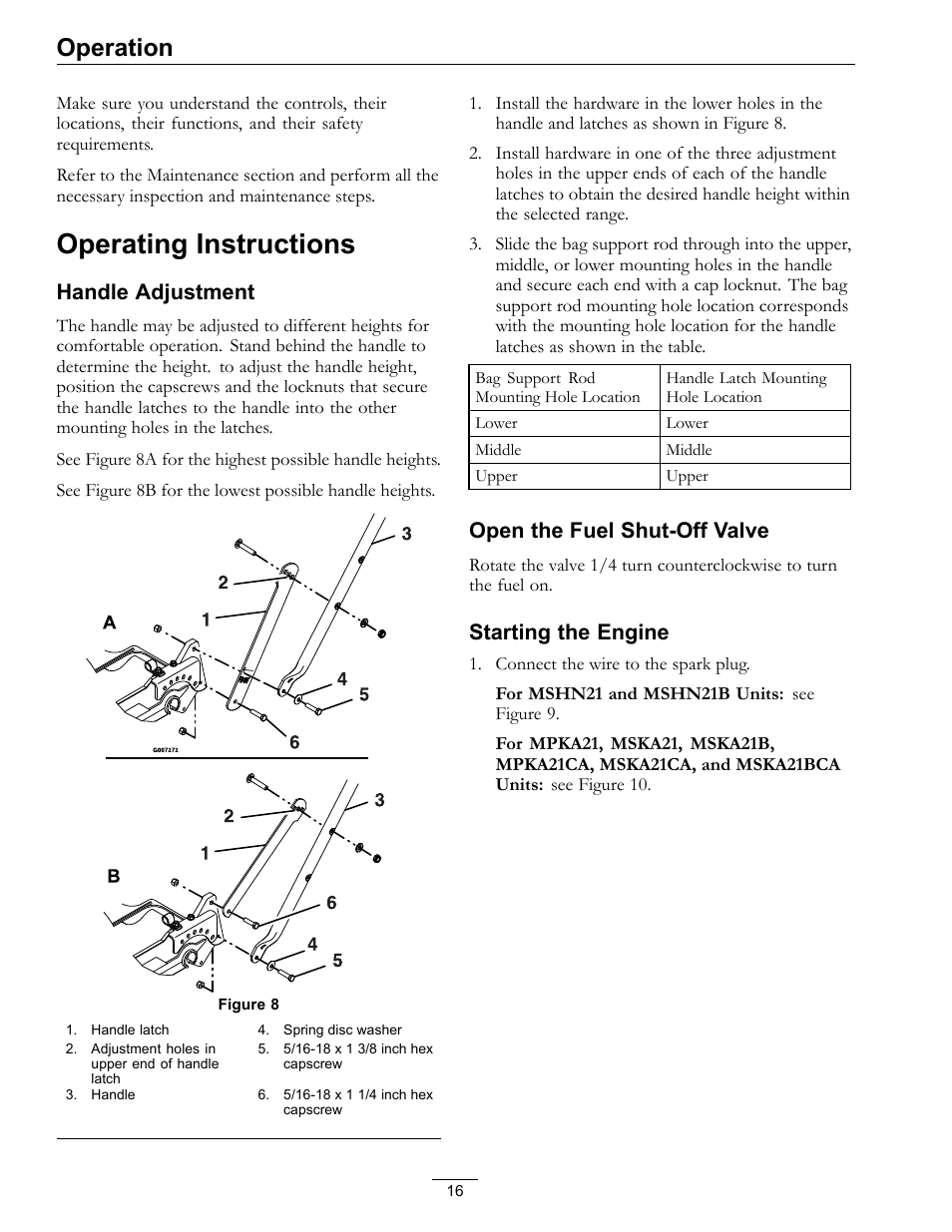 Operating instructions, Operation, Handle adjustment | Open the fuel shut-off valve, Starting the engine | Exmark METRO 21 MPKA21 User Manual | Page 16 / 40