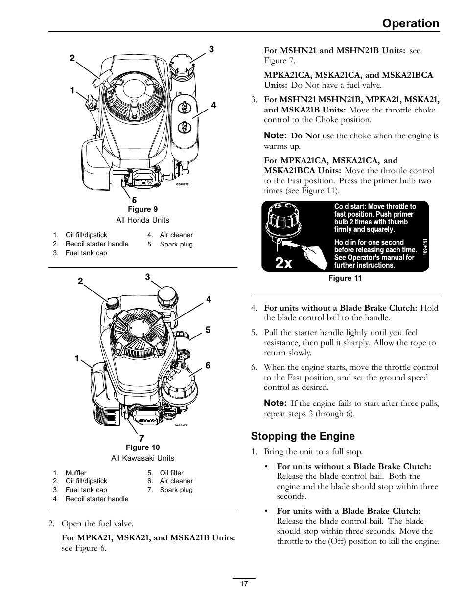 Figure 9, Figure 10, Operation | Stopping the engine | Exmark METRO 21 MPKA21 User Manual | Page 17 / 40