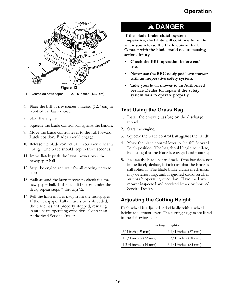 Figure 12, Danger, Operation | Exmark METRO 21 MPKA21 User Manual | Page 19 / 40