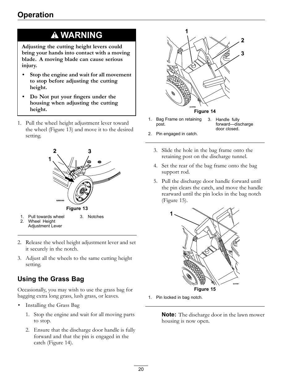 Figure 13, Warning, Operation | Using the grass bag | Exmark METRO 21 MPKA21 User Manual | Page 20 / 40