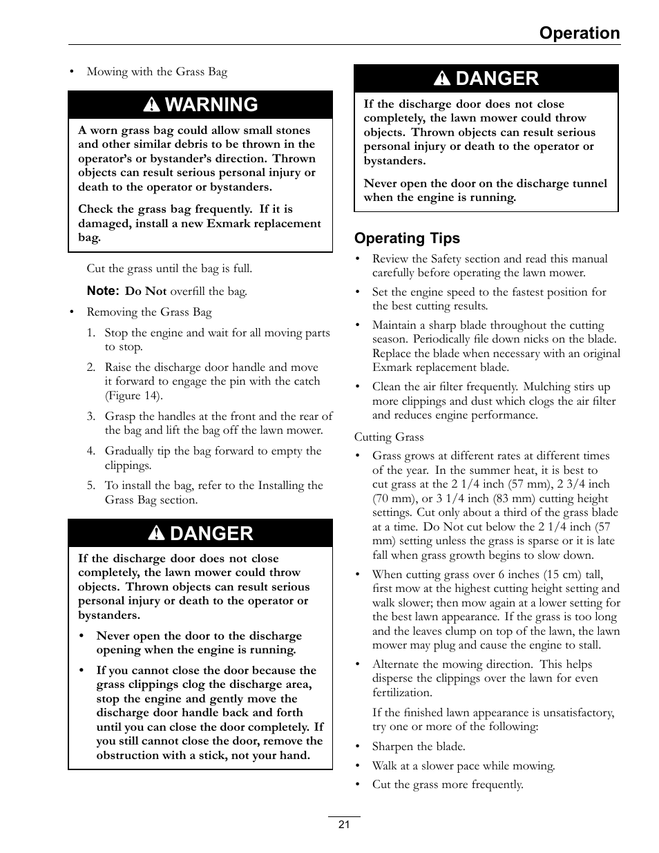 Warning, Danger, Operation | Exmark METRO 21 MPKA21 User Manual | Page 21 / 40