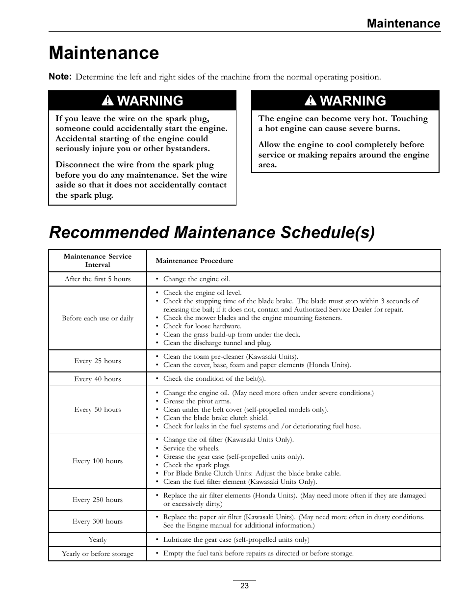 Maintenance, Recommended maintenance schedule(s), Warning | Exmark METRO 21 MPKA21 User Manual | Page 23 / 40