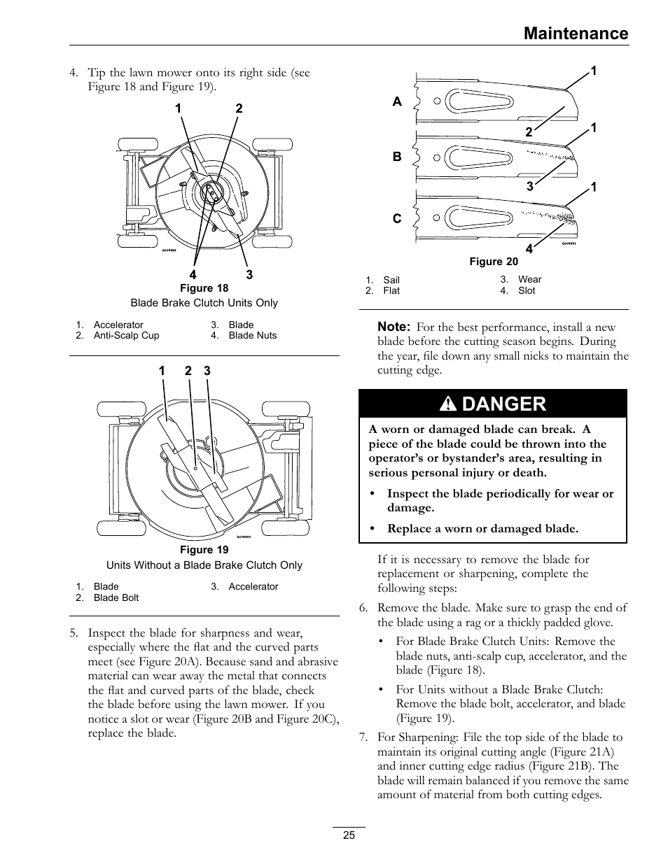 Danger, Maintenance | Exmark METRO 21 MPKA21 User Manual | Page 25 / 40