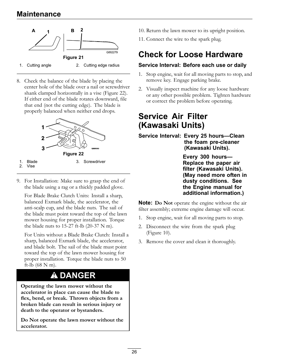Figure 21a), Figure 21b), Danger | Check for loose hardware, Service air filter (kawasaki units), Maintenance | Exmark METRO 21 MPKA21 User Manual | Page 26 / 40