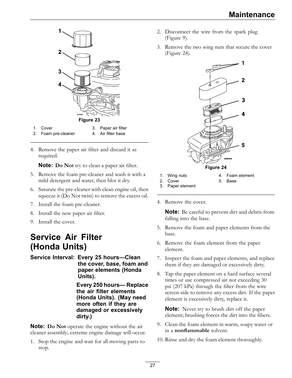 Service air filter(honda units), Service air filter (honda units), Maintenance | Exmark METRO 21 MPKA21 User Manual | Page 27 / 40