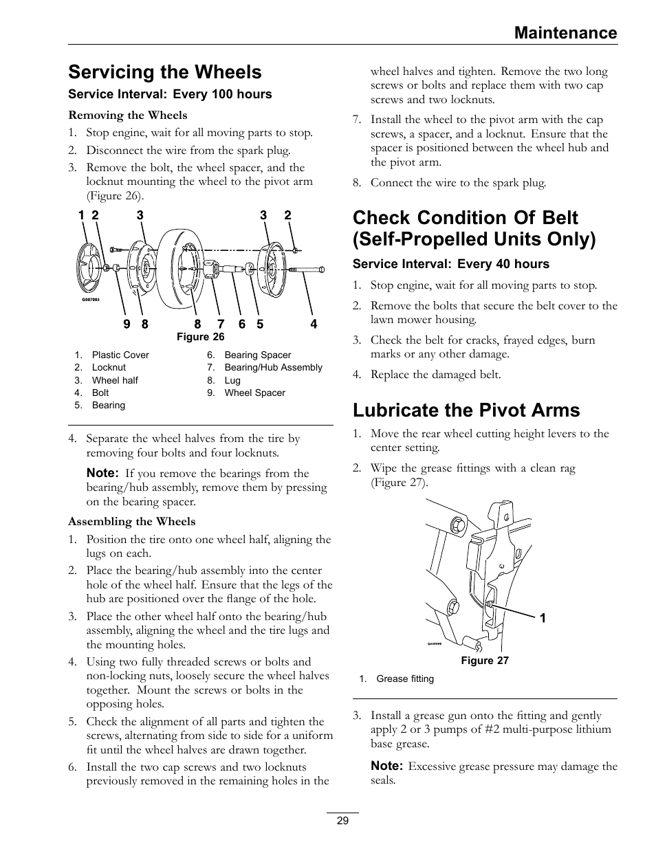 Units only), Lubricate the pivot arms, Servicing the wheels | Maintenance | Exmark METRO 21 MPKA21 User Manual | Page 29 / 40