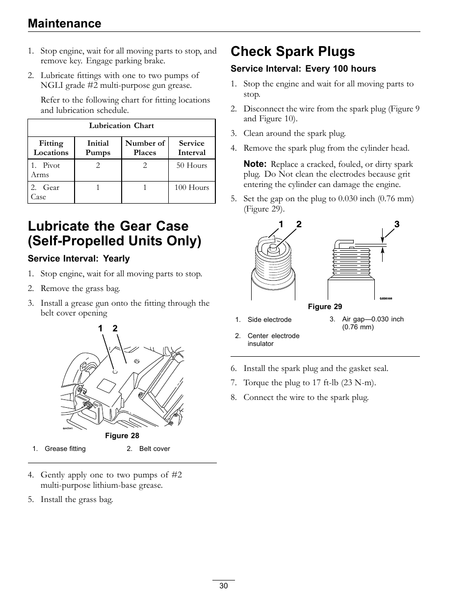 Lubricate the gear case(self-propelled, Units only), Check spark plugs | Maintenance | Exmark METRO 21 MPKA21 User Manual | Page 30 / 40