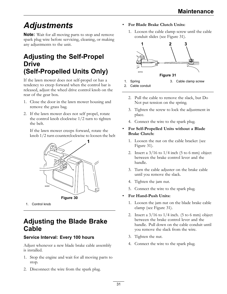 Adjustments, Adjusting the self-propel, Drive(self-propelled units only) | Adjusting the blade brake cable, Maintenance | Exmark METRO 21 MPKA21 User Manual | Page 31 / 40