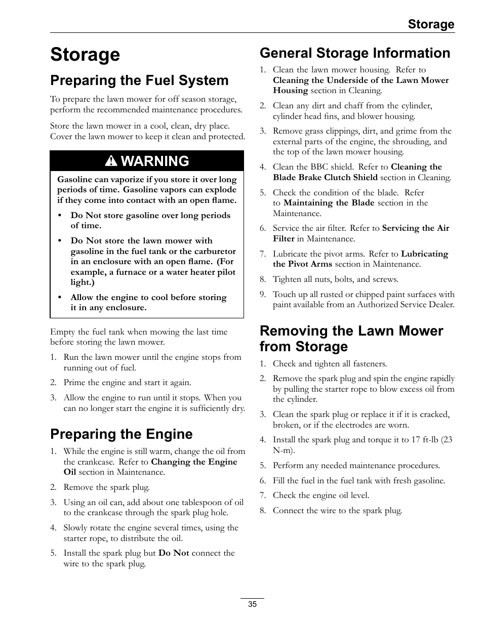 Storage, Preparing the fuel system, Warning | Preparing the engine, General storage information, Removing the lawn mower from storage | Exmark METRO 21 MPKA21 User Manual | Page 35 / 40