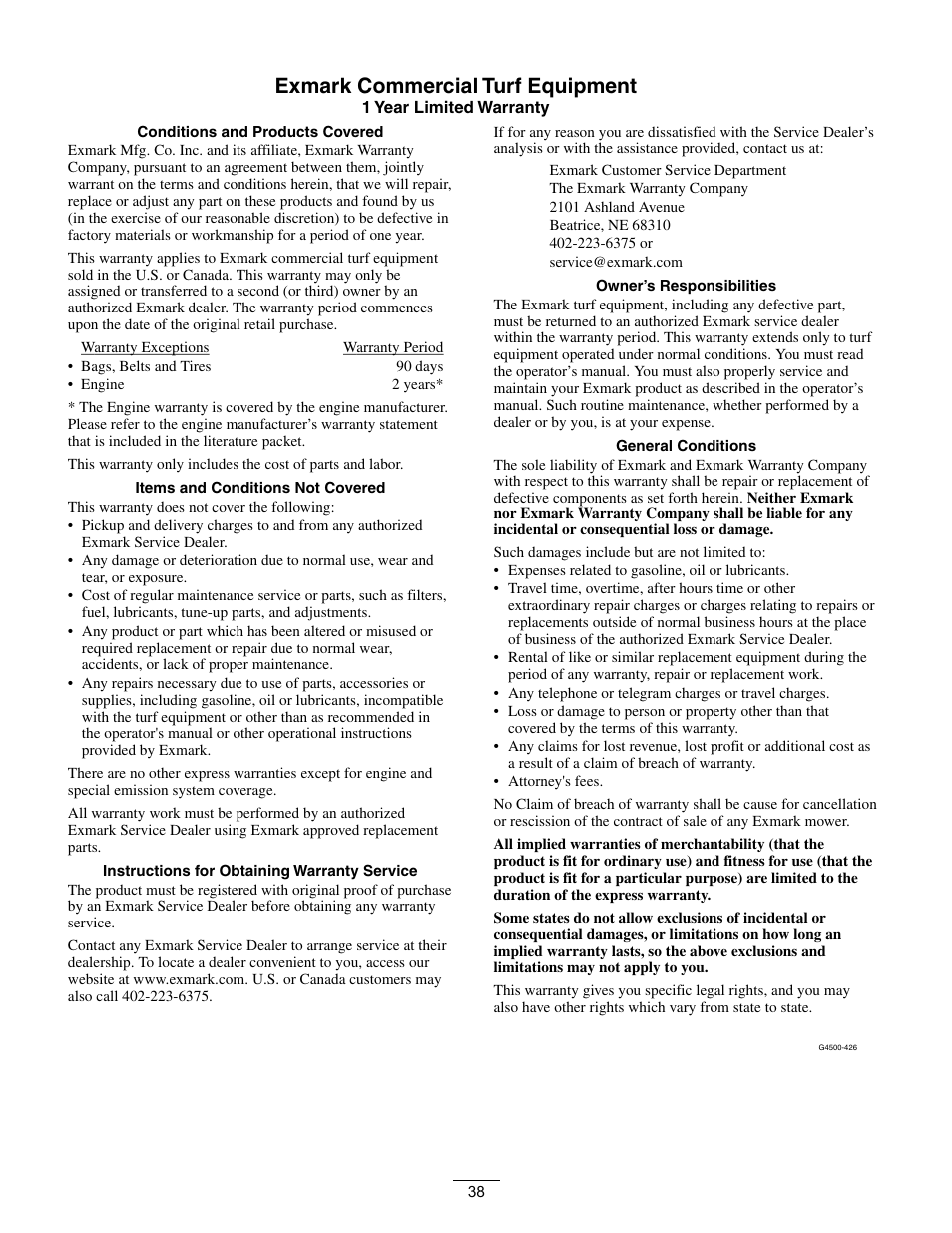 Exmark commercial turf equipment | Exmark METRO 21 MPKA21 User Manual | Page 38 / 40