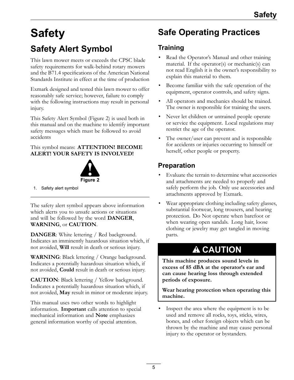 Safety, Safety alert symbol safe operating practices, Safety alert symbol | Safe operating practices, Caution | Exmark METRO 21 MPKA21 User Manual | Page 5 / 40