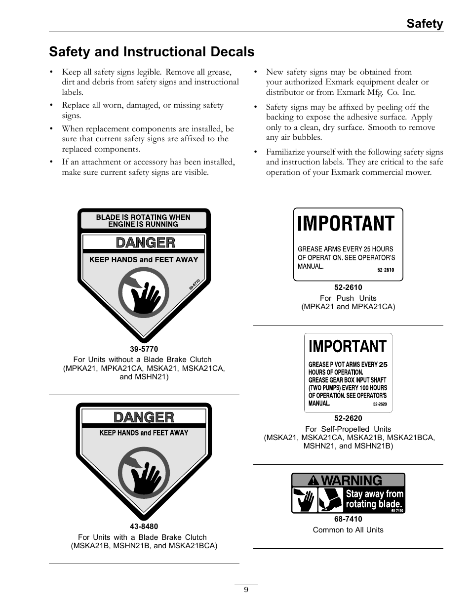 Safety and instructional decals, Safety | Exmark METRO 21 MPKA21 User Manual | Page 9 / 40