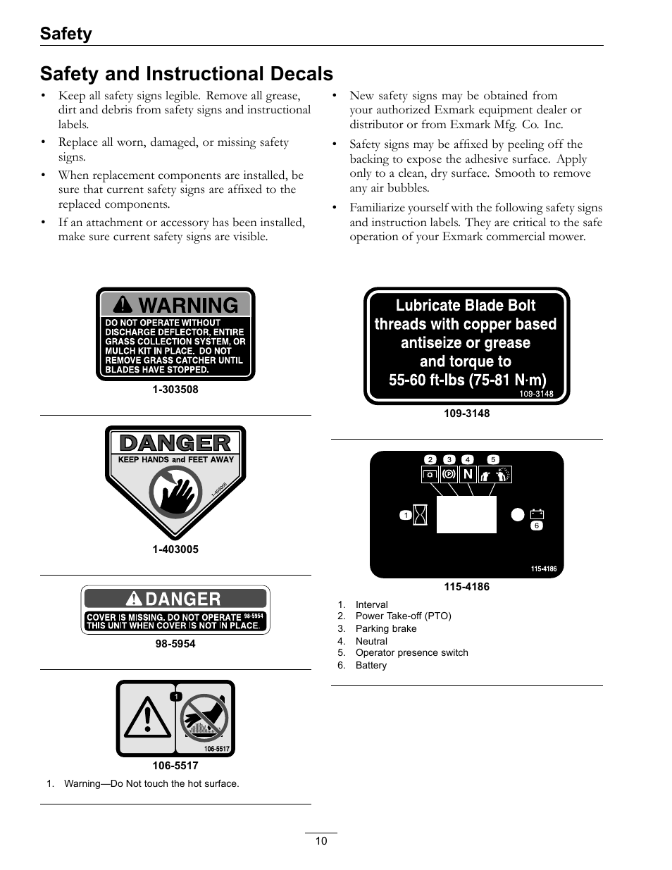 Safety and instructional decals, Safety | Exmark Vantage 000 & Higher User Manual | Page 10 / 56