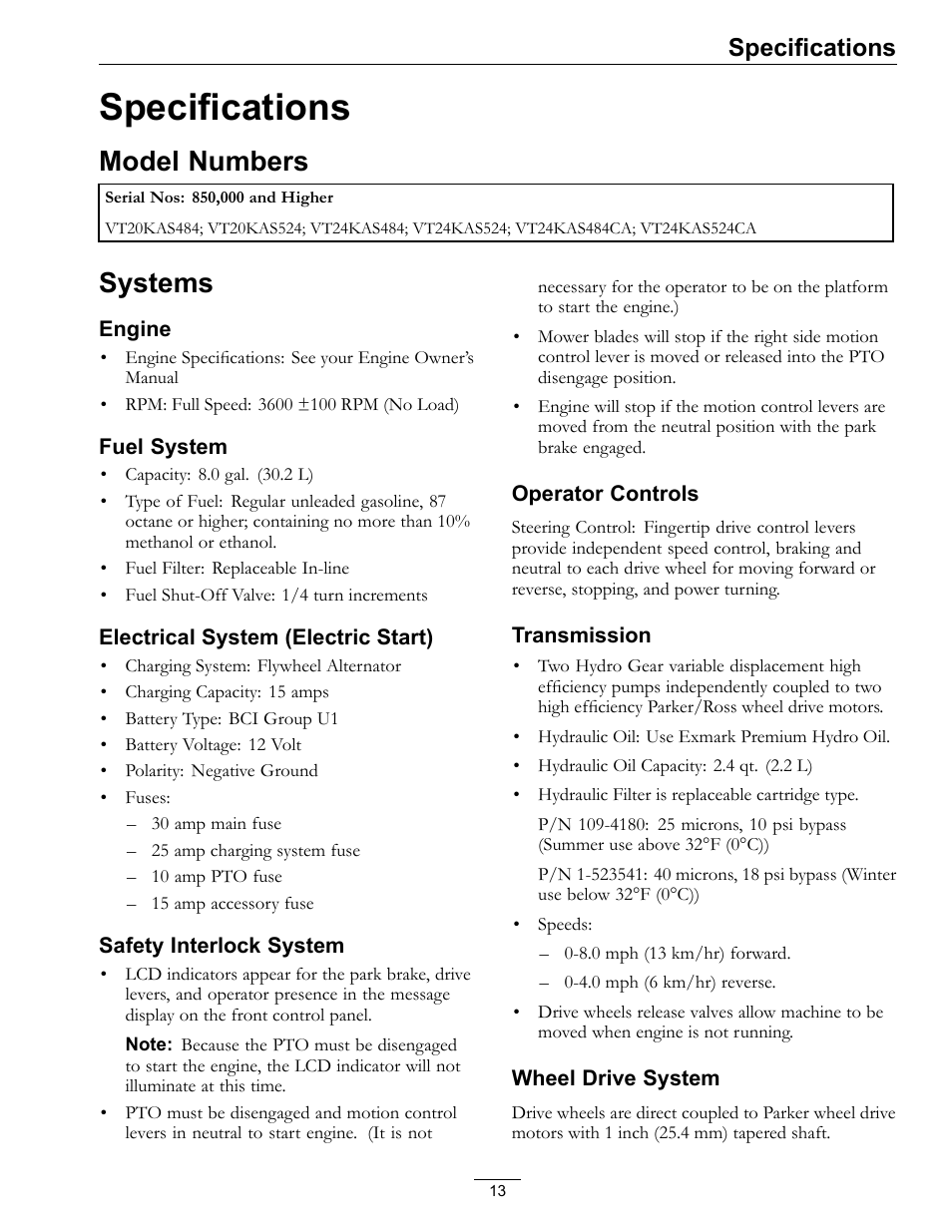 Specifications, Model numbers systems, Model numbers | Systems | Exmark Vantage 000 & Higher User Manual | Page 13 / 56