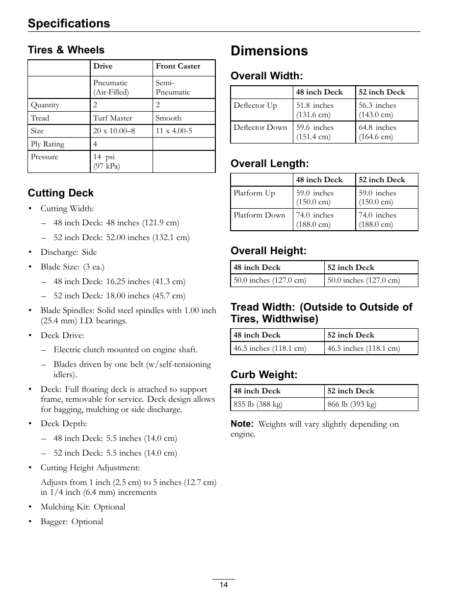 Dimensions, Specifications | Exmark Vantage 000 & Higher User Manual | Page 14 / 56