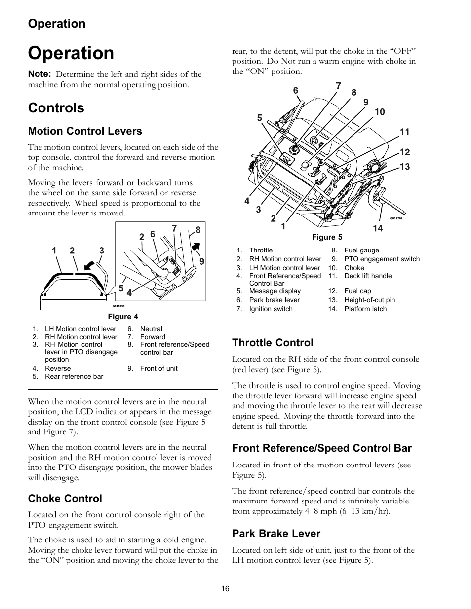 Operation, Controls, Motion control levers | Choke control, Throttle control, Front reference/speed control bar, Park brake lever | Exmark Vantage 000 & Higher User Manual | Page 16 / 56