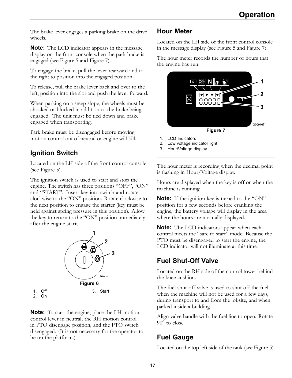 Figure 7), Operation, Ignition switch | Hour meter, Fuel shut-off valve, Fuel gauge | Exmark Vantage 000 & Higher User Manual | Page 17 / 56